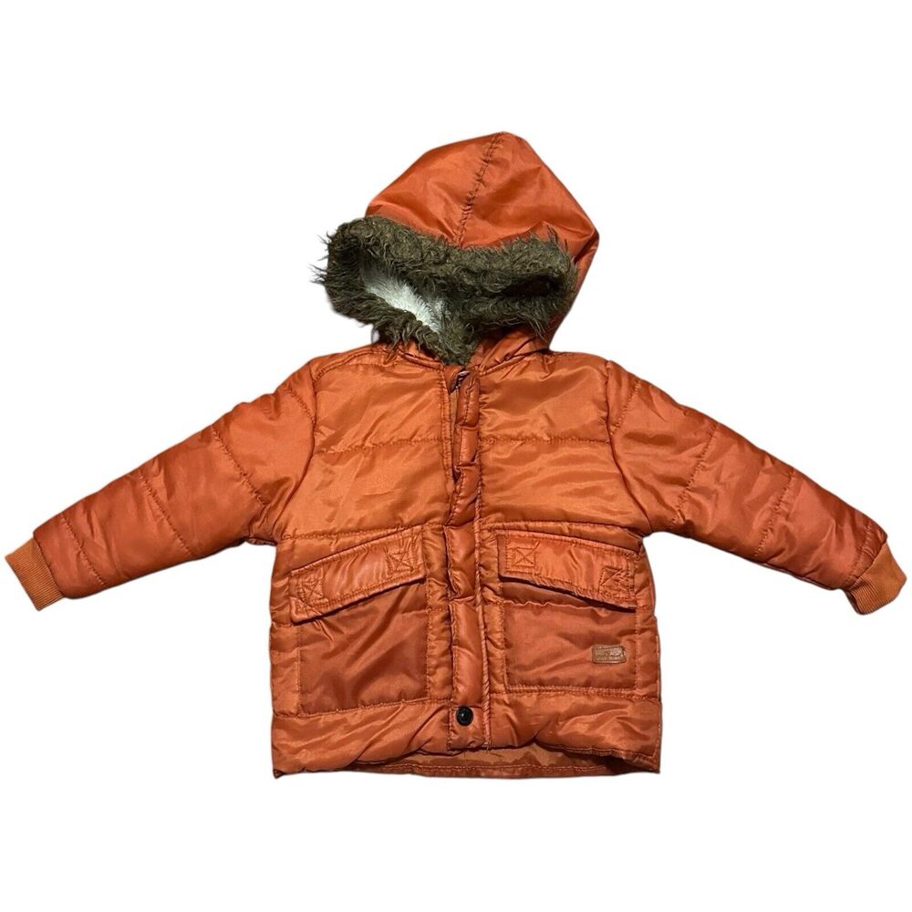 7 For All Mankind Toddler 24M Puffer Coat Rust Orange Hooded Faux Fur‎ Winter